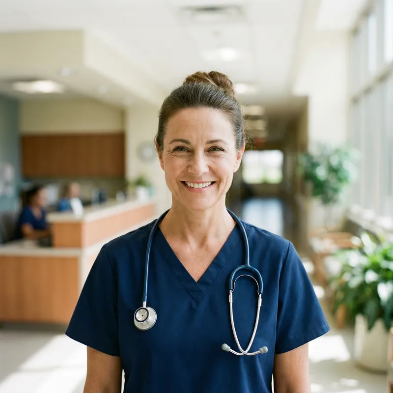 Caring Nurse Headshot in Medical Scrubs Caring Nurse Headshot in Medical Scrubs