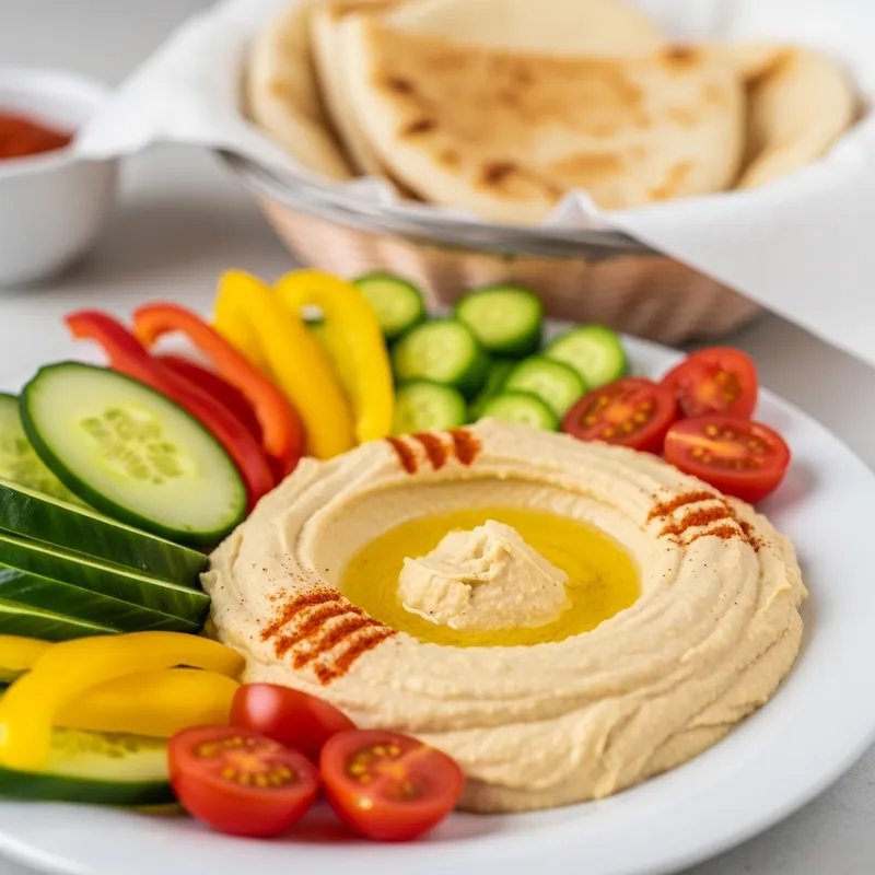 Creamy Hummus on White Plate with Fresh Vegetables & Pita
