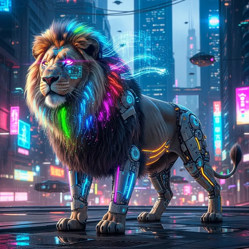 Cyberpunk Majestic Male Lion with Neon Lights