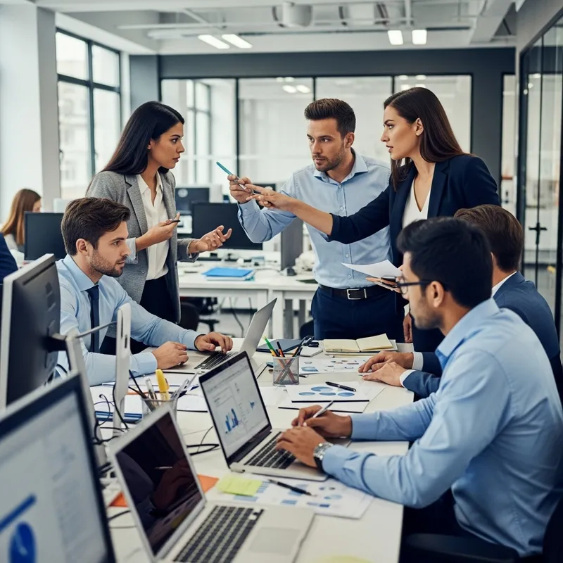 Creating an Office Battle Scene: Diverse Employees Engage in Strategic Conflict Creating an Office Battle Scene: Diverse Employees Engage in Strategic Conflict