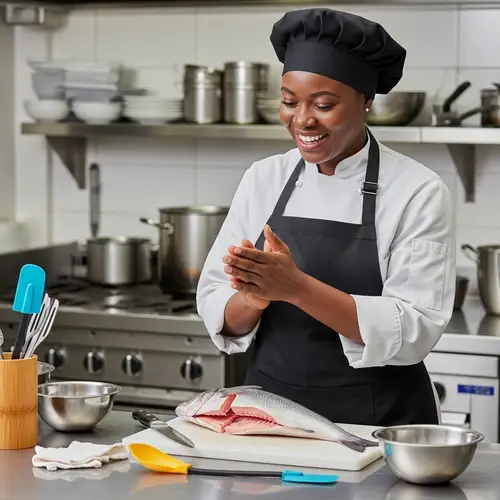 Happy Black Woman Chef Preparing Fresh Fish in Seafood Kitchen