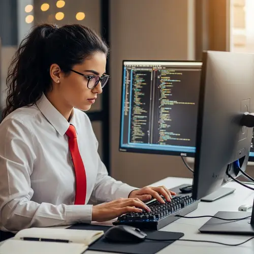 Mia Khalifa: Professional Female Office Worker with Glasses Typing at Desk