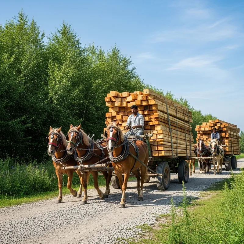 Transporting Wooden Boards with Horses | Lumber Hauling Scene