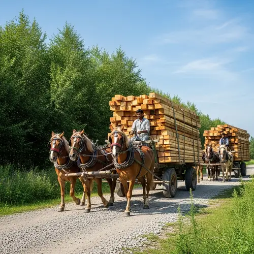 Wooden Board Transportation by Horses | Efficient Lumber Hauling
