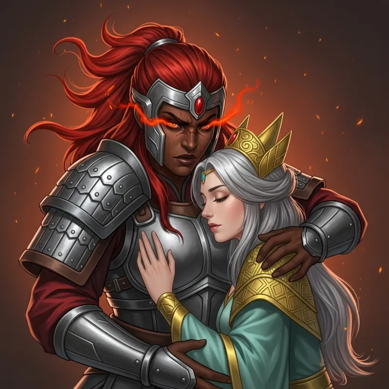 Passionate Red-Haired Warrior Embracing Tender Empress - Love and Power