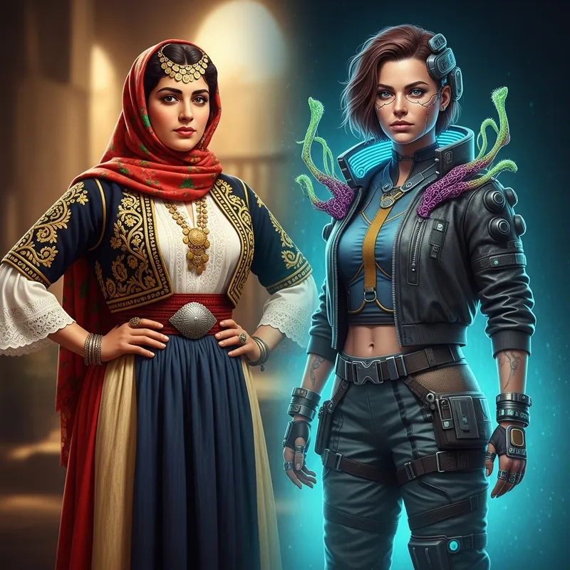 Futuristic Cyberpunk Fusion: Traditional Lebanese vs. Future Woman