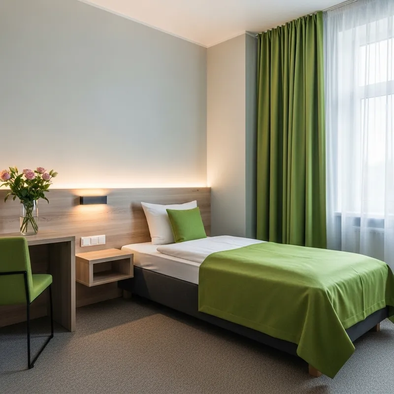 Minimalist Cozy Hotel Room with Green Bedding