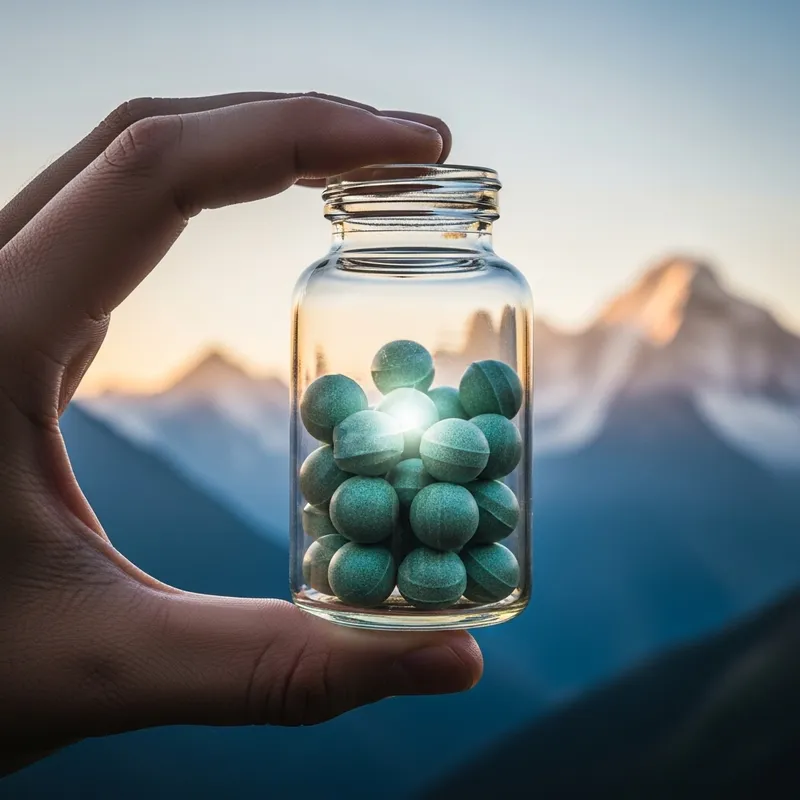 Hand Holding Greenish-Blue Supplement Pills in Bottle | Mountain Range Background Hand Holding Greenish-Blue Supplement Pills in Bottle | Mountain Range Background