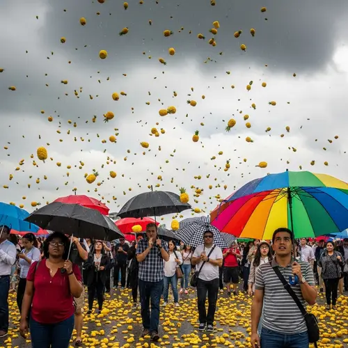Whimsical Pineapple Rain Scene: Colorful Umbrellas and Diverse Crowd