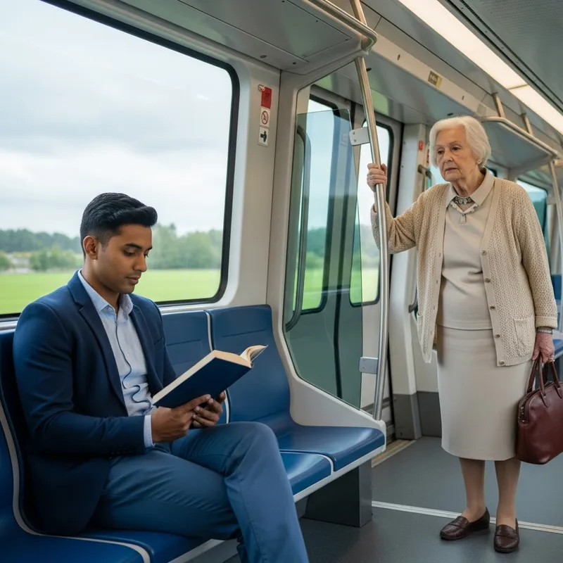 Man Seated in Train Ignoring Elderly Woman | Thought-provoking Image