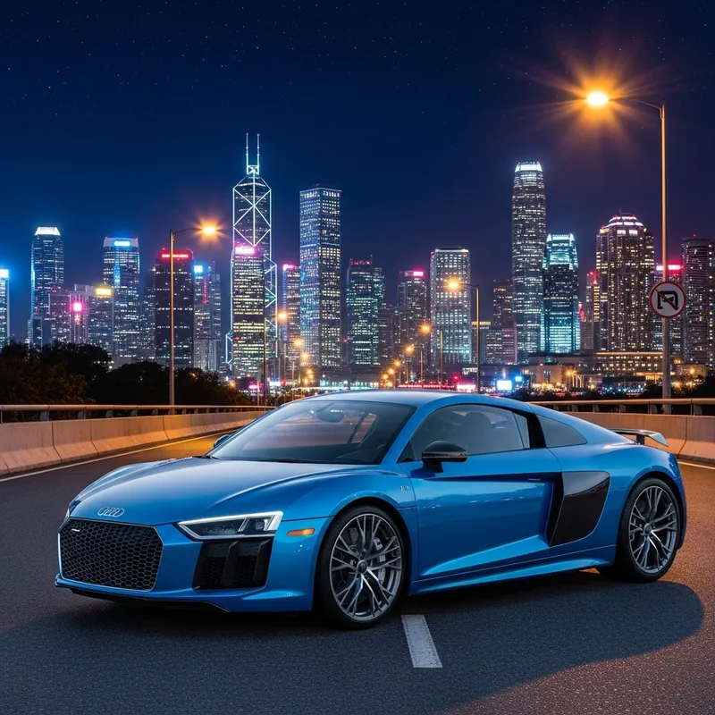 Stunning Blue Audi R8 Against Majestic Cityscape Stunning Blue Audi R8 Against Majestic Cityscape