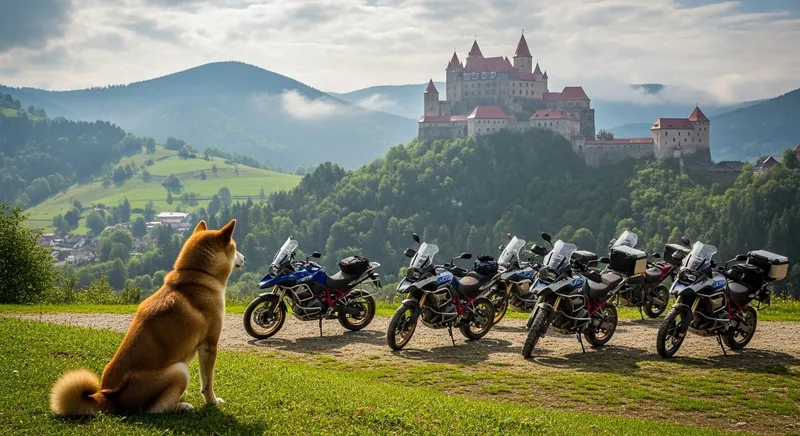 Shiba Inu Dog in Slovakia with Castle and Motorcycles