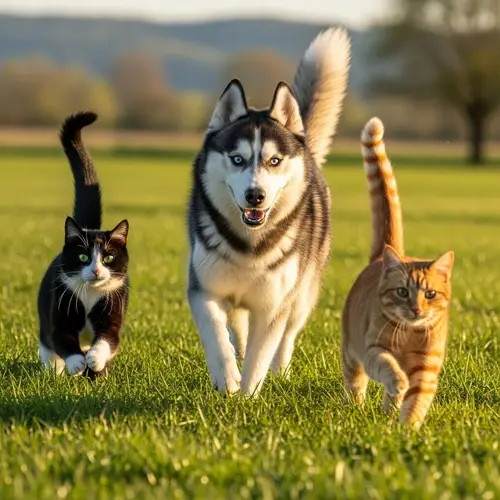 Husky Dog Playing with Two Cats: A Joyful Scene