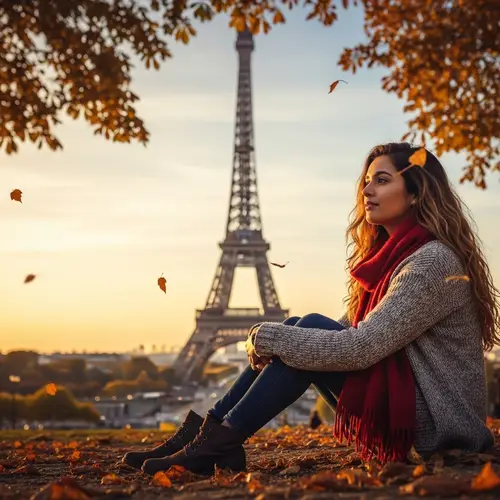 Tranquil Autumn Scene: Girl by Eiffel Tower