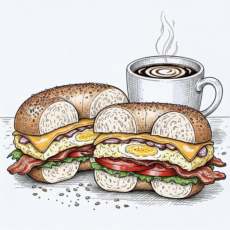 Bagel Breakfast Sandwich & Coffee Sketch