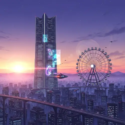 Romantic Futuristic Anime Landscape with Skyscraper & Ferris Wheel