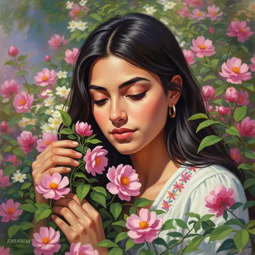 Captivating Portrait of Young Woman Surrounded by Flowers | Art Inspired by Monet