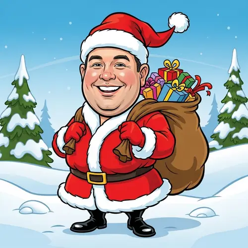 Cheerful Rotund Man Without Beard in Red Robe and Hat