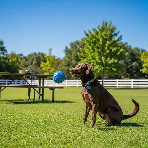 Playful Brown Dog at the Park with a Blue Ball
