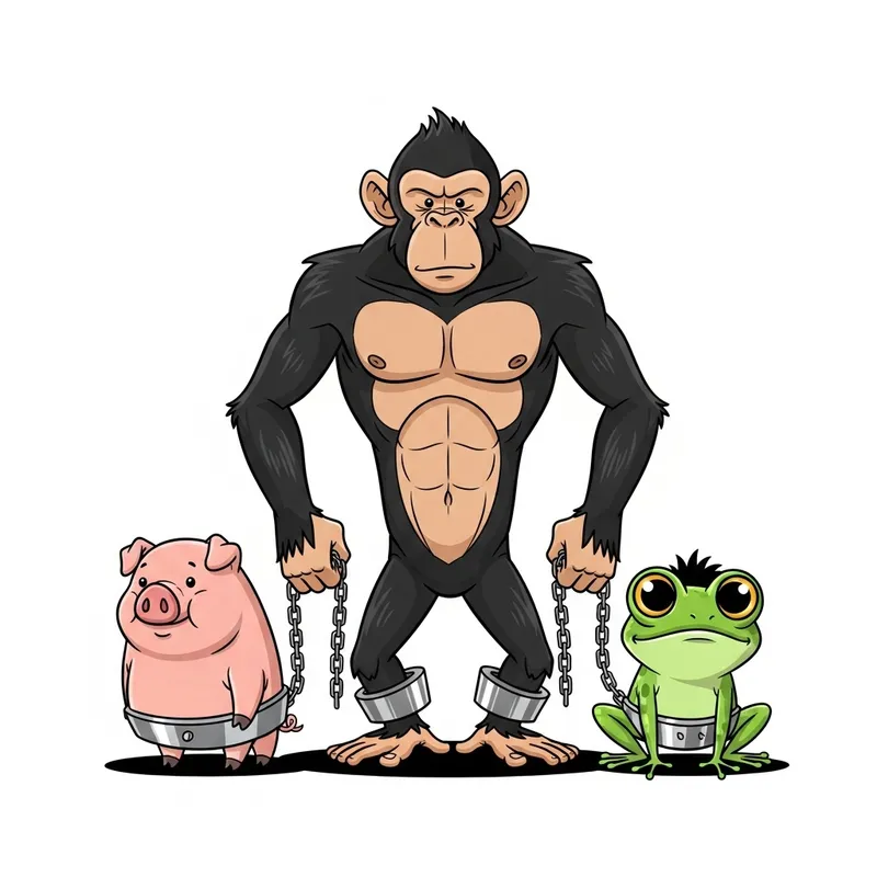 Powerful Ape Holding Pig and Frog Chains Cartoon