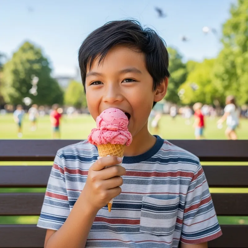 Smiling Boy Eating Strawberry Ice Cream