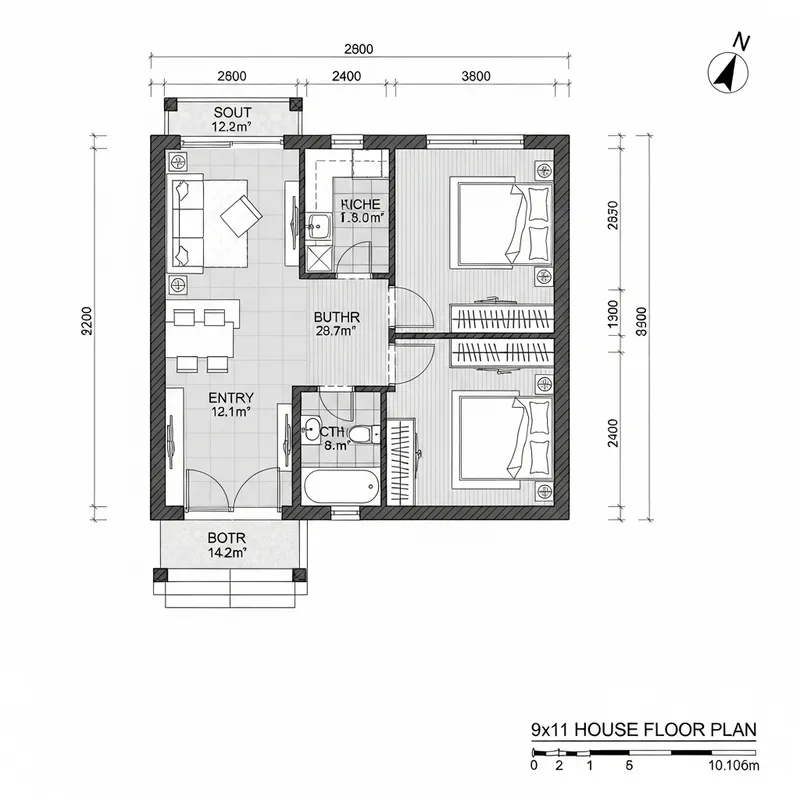 Home Design Plan: Spacious 2-Bedroom House 9x11 with Bath Home Design Plan: Spacious 2-Bedroom House 9x11 with Bath