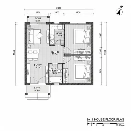 2-Bedroom House Blueprint Design | Floor Plan for 9x11 Home