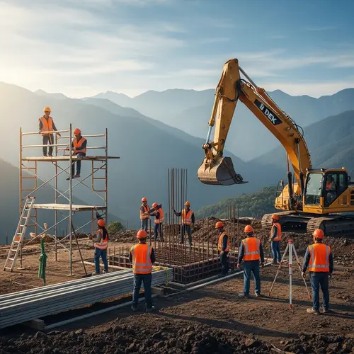 Diverse Construction Workers Amidst Scenic Mountain Ranges