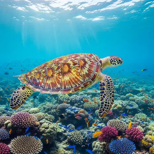 Graceful Sea Turtle Swimming Among Colorful Corals