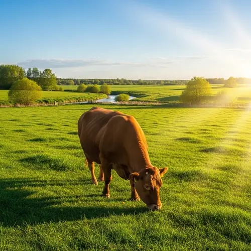 Tranquil Farm Scene with Brown Cow Grazing in Lush Meadow