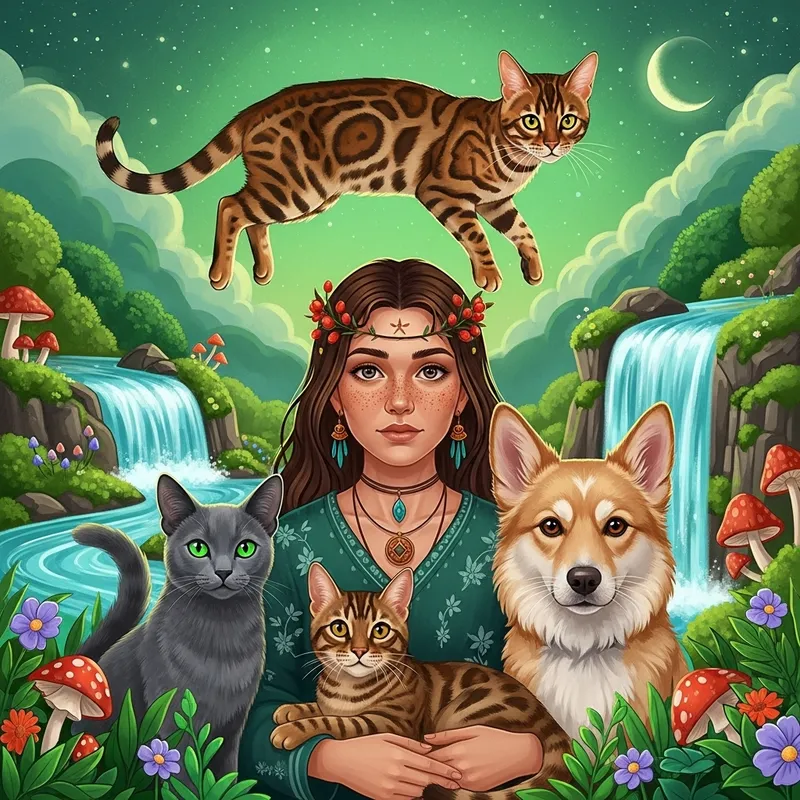 Mystical Encounter with Bengal Cats and a Fluffy Dog in Green Tone Environment