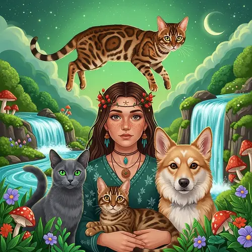 Enchanting Scene with Woman, Bengal Cat, and Russian Blue Cat