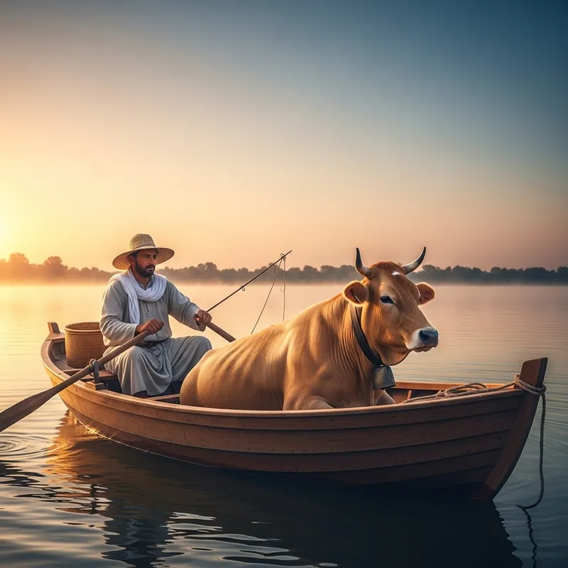 Turkish Fisherman and Cow on Tranquil Waters