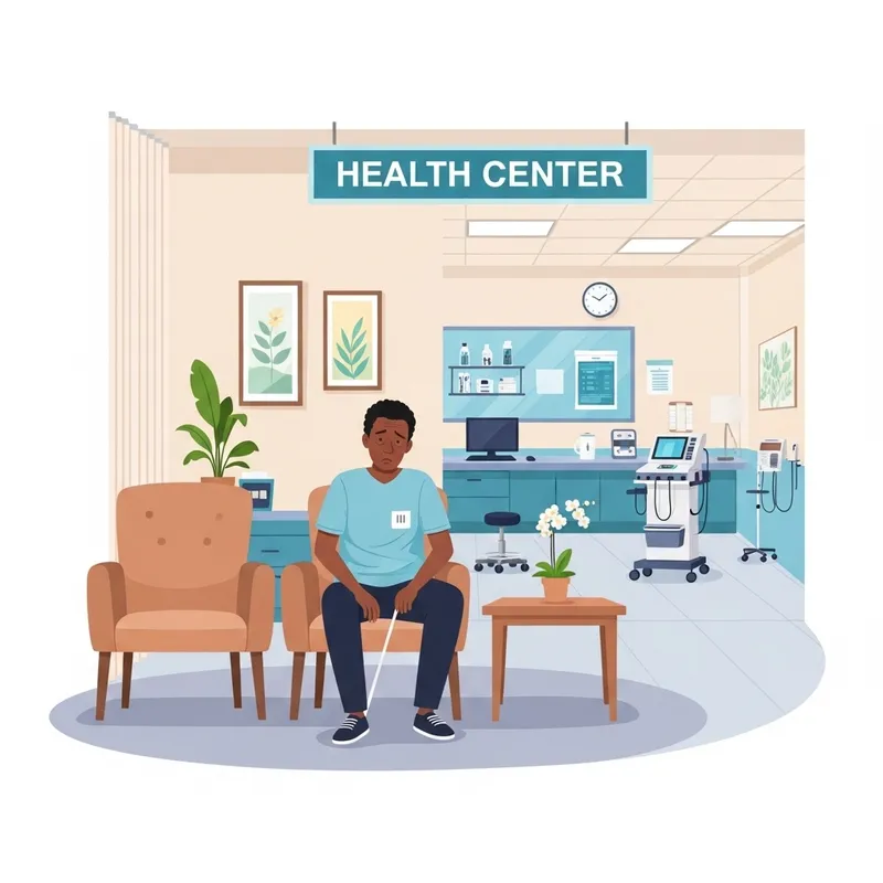 Unwell African American Man with Diabetes in Health Center