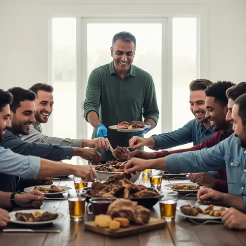Hearty Meal Shared by Diverse Men at Rustic Table