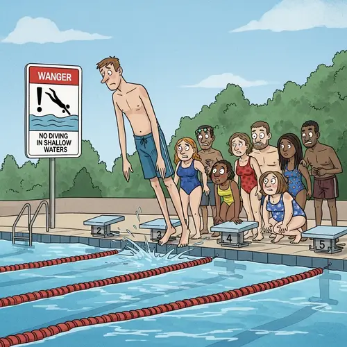 Editorial Cartoon: Negligence of Warning Signs in Pool Scene