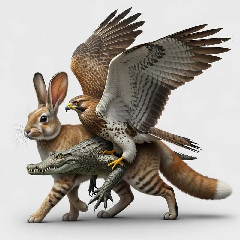 Hybrid Creature: Rabbit, Cat, Crocodile, Hawk, Fox Features Hybrid Creature: Rabbit, Cat, Crocodile, Hawk, Fox Features
