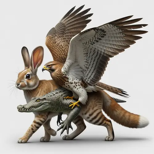 Hybrid Creature: Rabbit Head, Cat Body, Crocodile Limbs, Hawk Wings, Fox Tail
