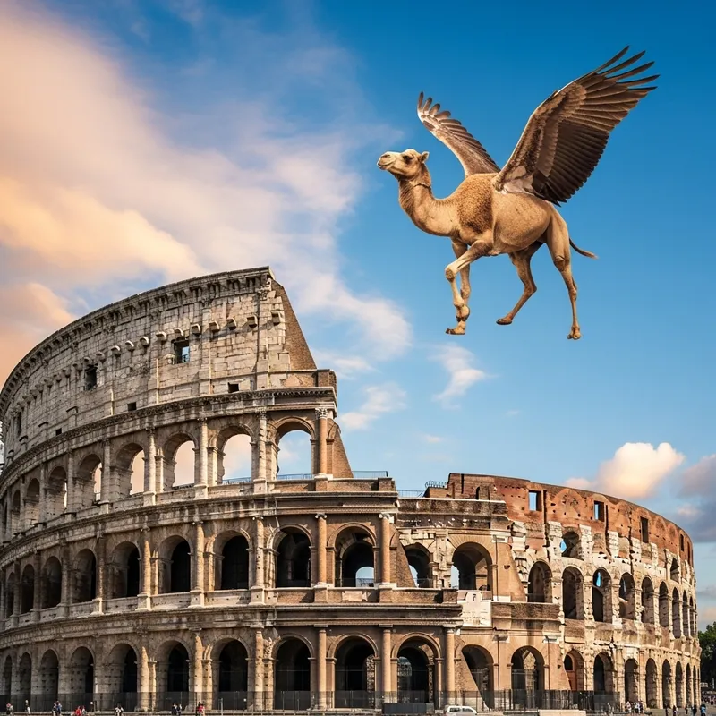 Majestic Camel Flying Above Rome Colosseum in 8K Beauty