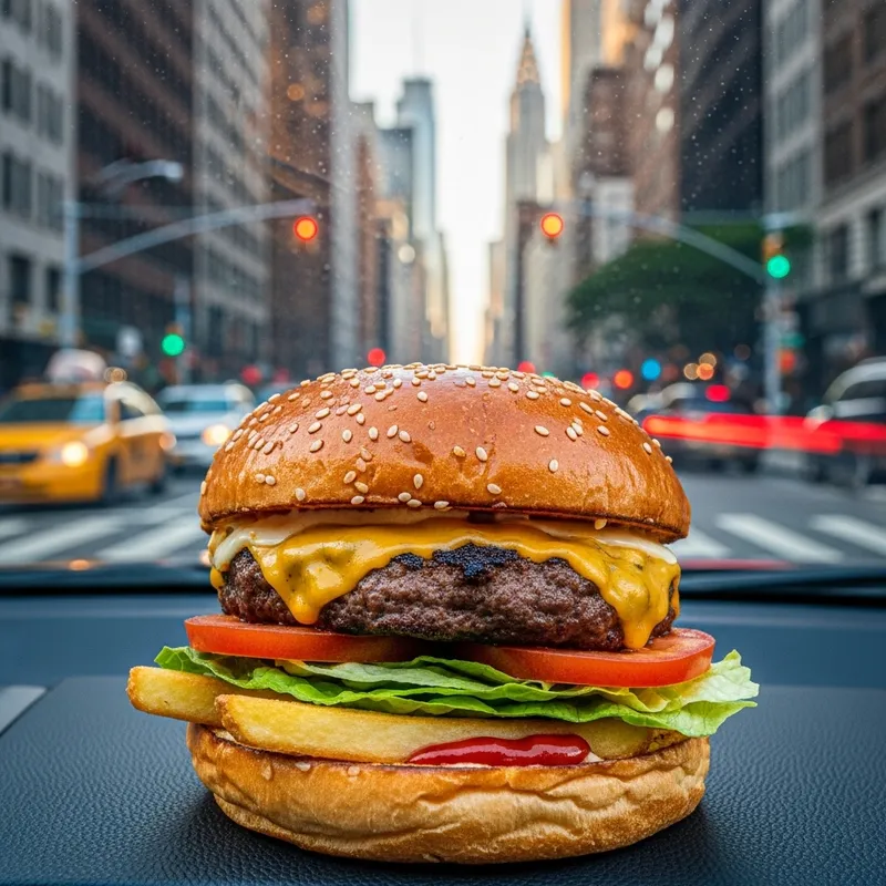 Cheeseburger in Car with NYC Skyline Cheeseburger in Car with NYC Skyline