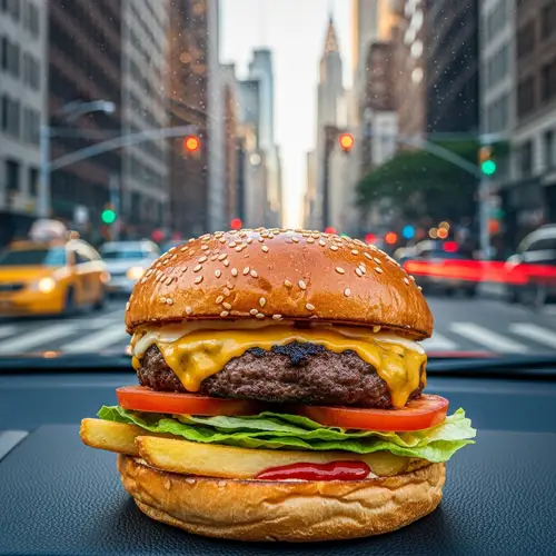 Delicious Cheeseburger in Car with New York City Skyline