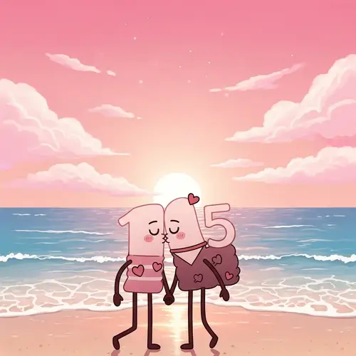 Romantic Sunset Kiss on Beach | Digit Figures 1 & 5 Illustration