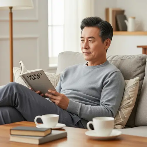 Chill Husband: Serene Asian Male in His 50s - Cozy Lifestyle