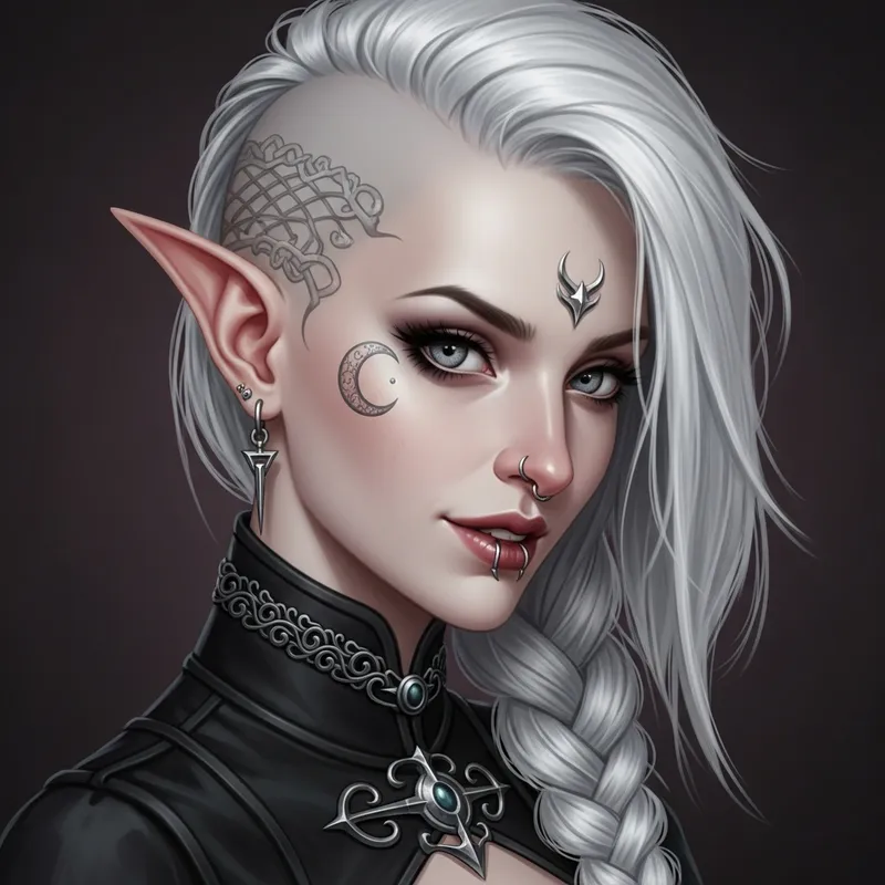 Beautiful Fantasy Goth Woman with Braided White Hair and Silver Moon Tattoo