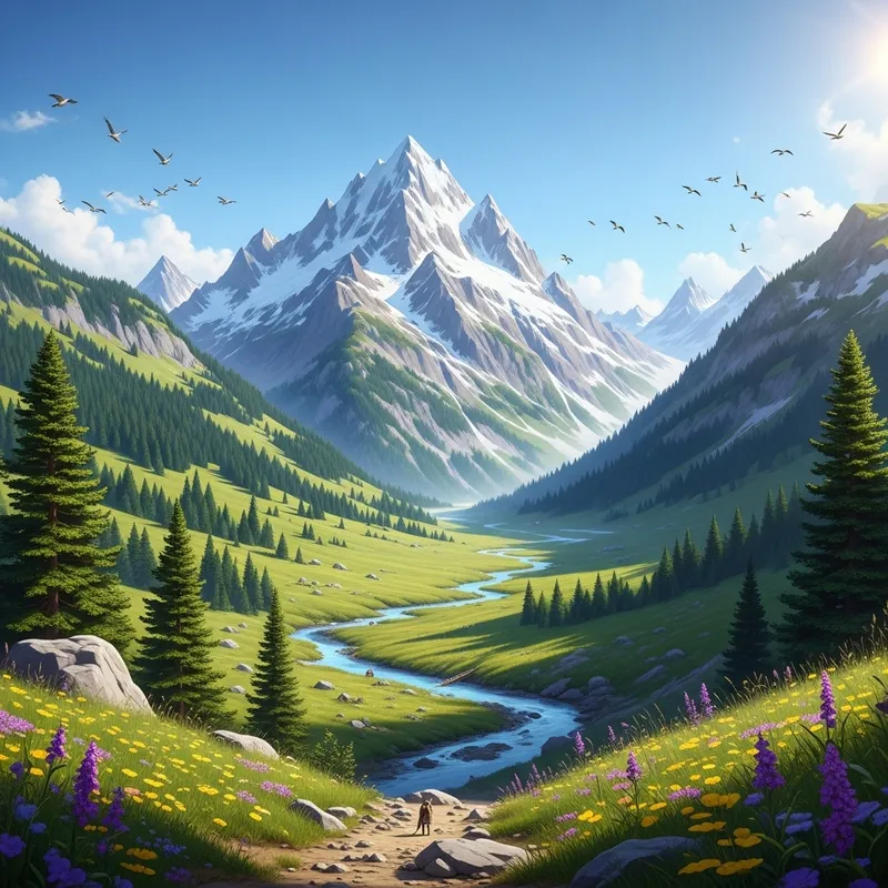 Realistic Mountain Landscape Photography - Majestic Summits & Verdant Valleys