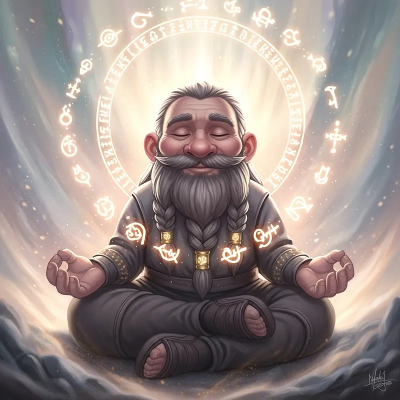 Ethereal Meditative Dwarf Surrounded by Symbols