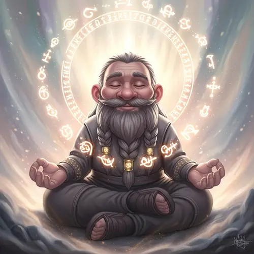 Ethereal Meditative Dwarf Surrounded by Symbols