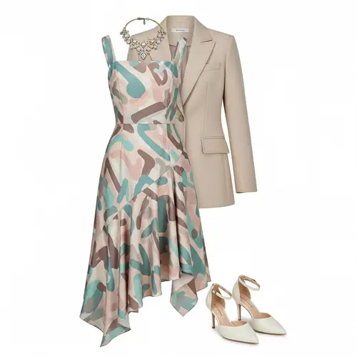 Sophisticated Dress with Asymmetrical Hem and Structured Blazer