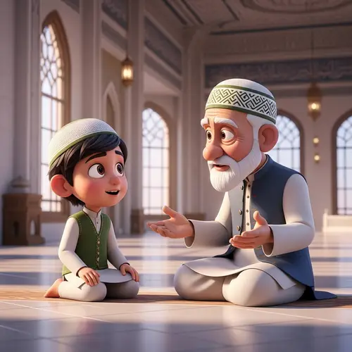 3D Pixar Cartoon: Muslim Boy & Grandfather in a Mosque
