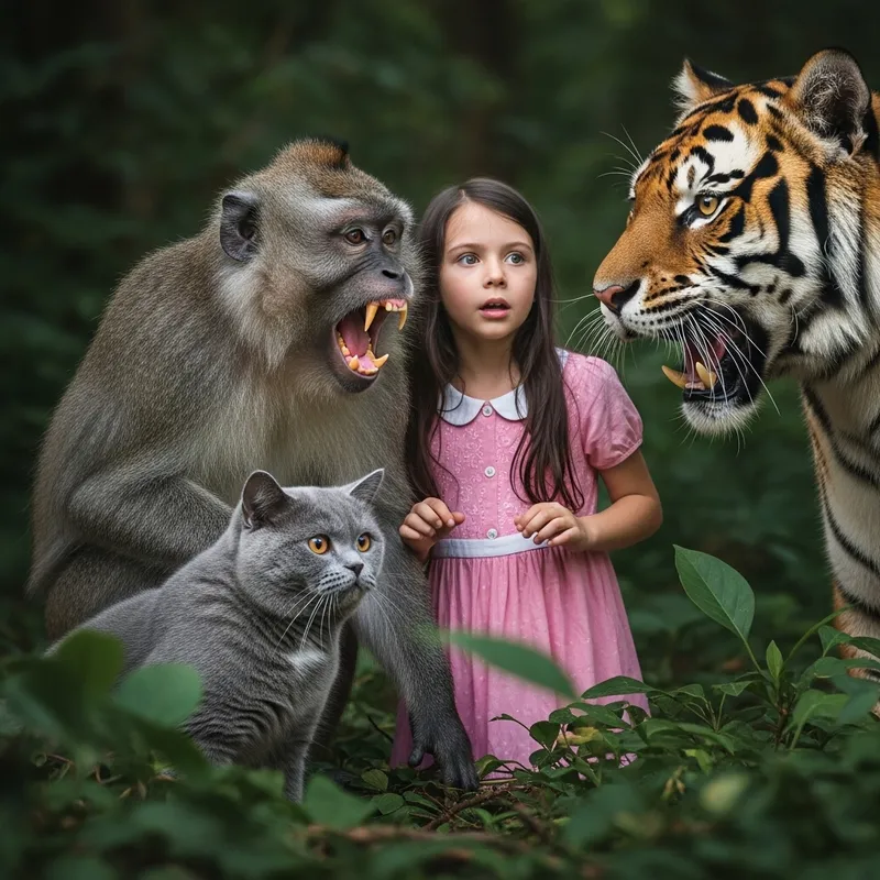 Intense Jungle Encounter: Wild Monkey, Cat, and Girl Face Tiger in Realist Style